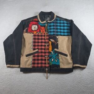 Vintage Carole Little Sport Denim Jacket Floral Womens Sz 10 Leather Patchwork